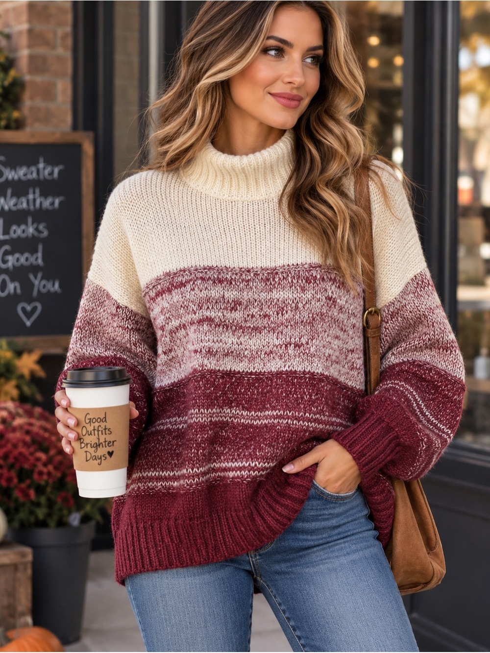 Angashion L Burgundy Cream Colorblock Mock Neck Knit Sweater